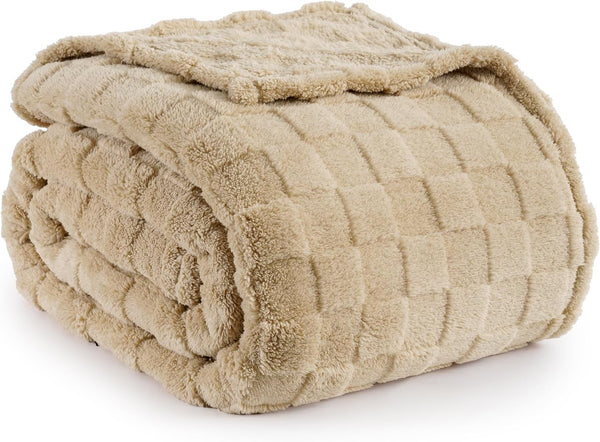 PHF Checkered Fleece Blanket for Sofa Bed, Contemporary Flannel Fleece 3D Jacquard Fluffy Blanket, No Shedding, No Pilling