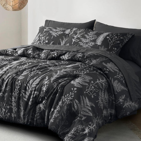 PHF 5 Pieces Printed Comforter Set, Lightweight Reversible Botanical Bedding Set Include Comforter, Pillow Sham, Flat Sheet, Fitted Sheet and Pillowcase